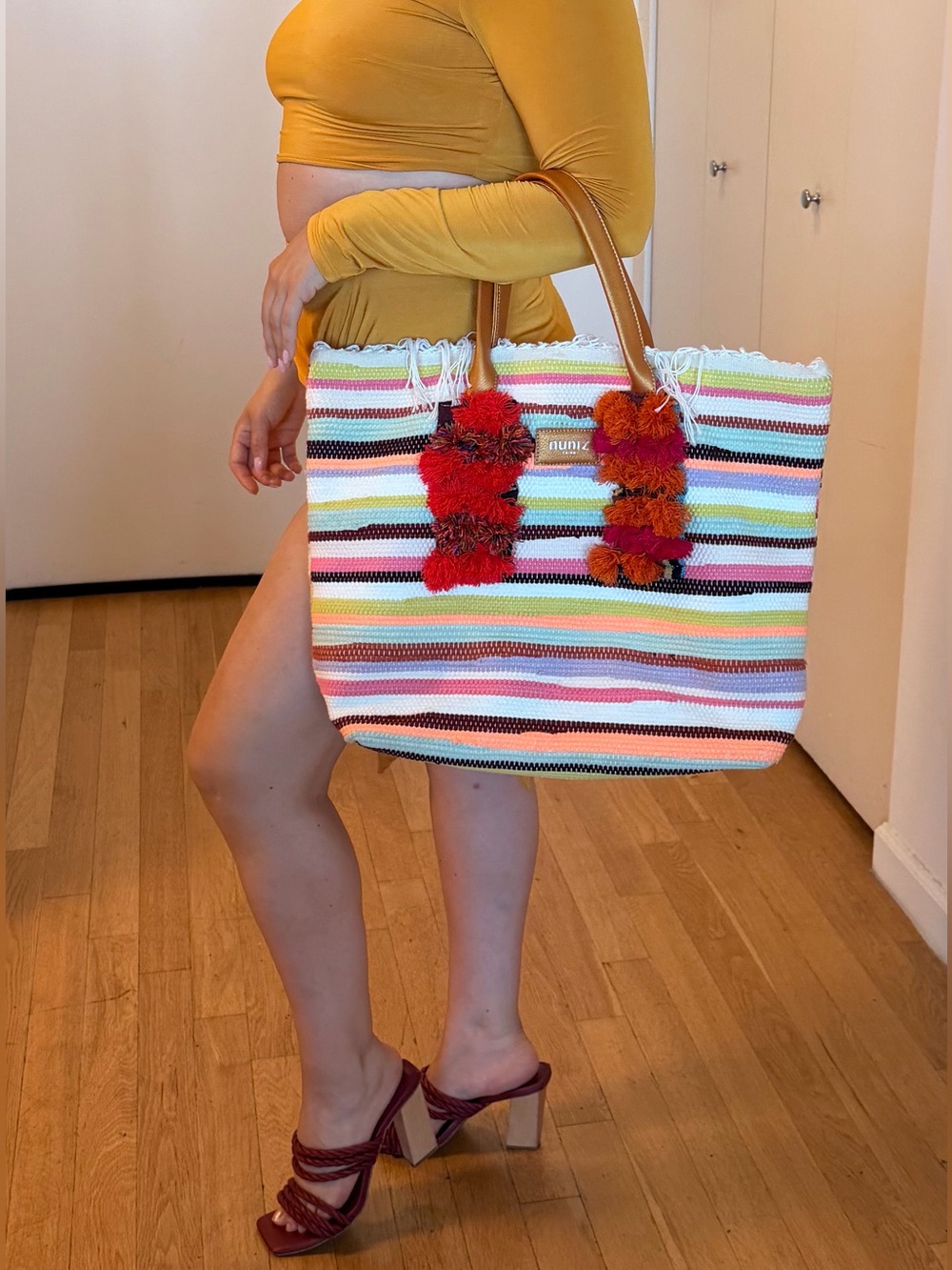 Large Nuniz Cairo Boho Chic Large Summer Beach Tote Leather Handles